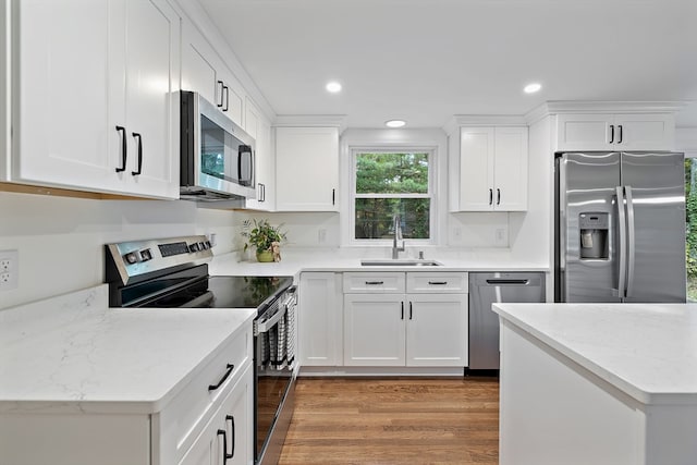 kitchen with white cabinetry, stainless steel appliances, sink, and dark hardwood / wood-style floors