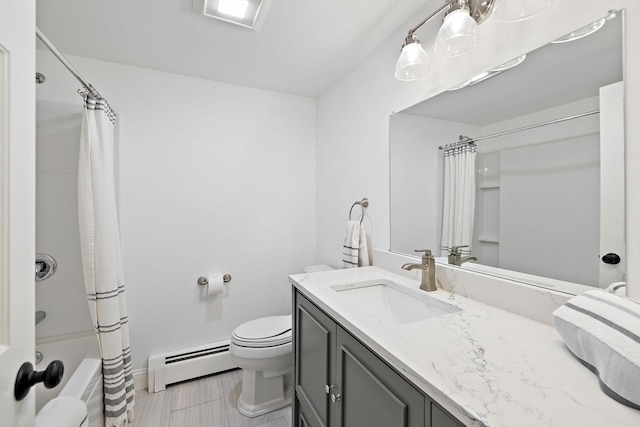 full bathroom featuring vanity, toilet, a baseboard radiator, and shower / tub combo with curtain