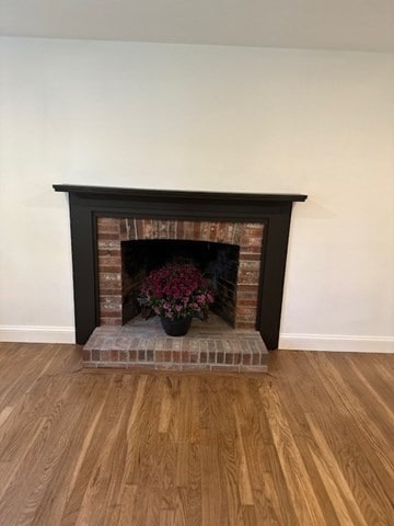 details featuring hardwood / wood-style flooring and a fireplace