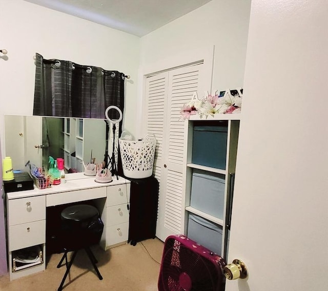 office area featuring light colored carpet