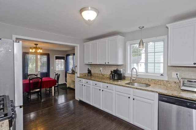 156 Powell, Springfield, MA 01118 - kitchen with stainless steel appliances, a sink, dark wood finished floors, and white cabinetry