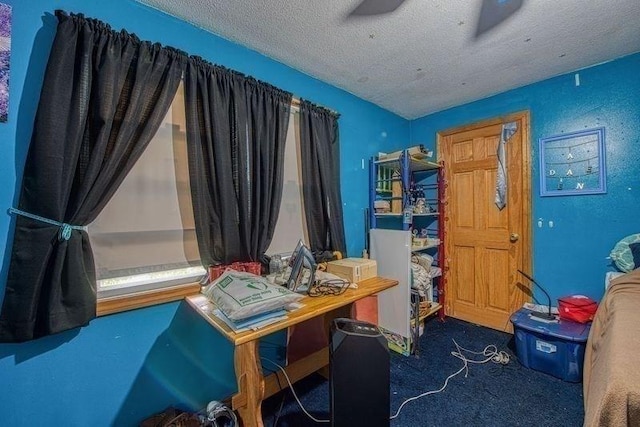 home office featuring carpet floors and a textured ceiling