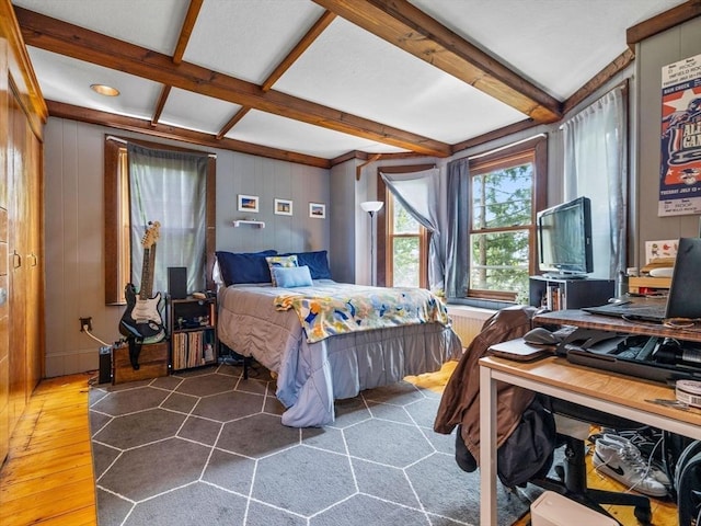 19 Tufts St, Somerville, MA 02145 - bedroom featuring wood-type flooring, beam ceiling, and coffered ceiling