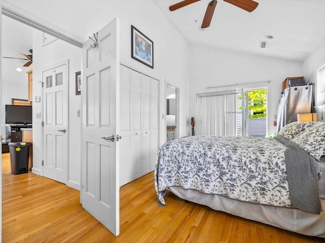 19 Tufts St, Somerville, MA 02145 - bedroom with lofted ceiling, light wood-type flooring, ceiling fan, and access to exterior