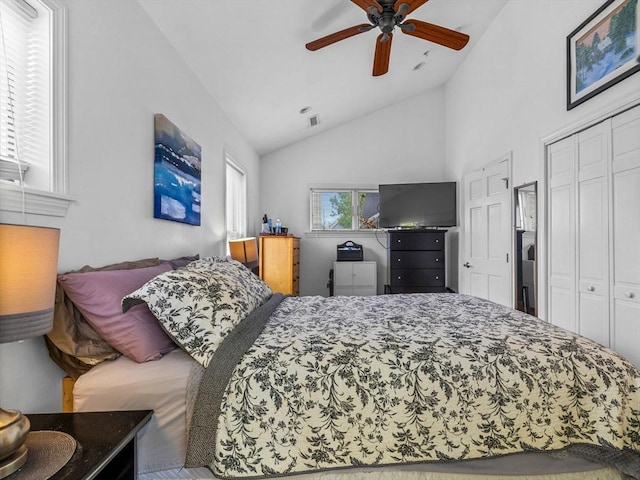 19 Tufts St, Somerville, MA 02145 - bedroom featuring a ceiling fan, high vaulted ceiling, and a closet