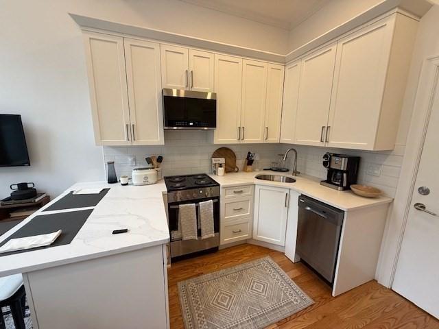 kitchen with a sink, appliances with stainless steel finishes, backsplash, and a peninsula