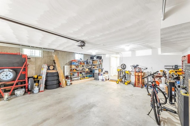 garage with a garage door opener and a workshop area