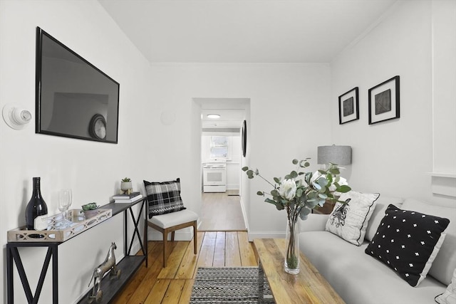 63 Adams St, Bourne, MA 02532 - living room with ornamental molding and wood-type flooring