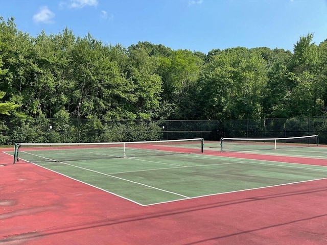 view of tennis court with fence