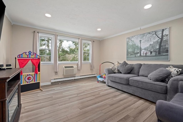 living area with light wood-style flooring, a wall mounted air conditioner, ornamental molding, and a baseboard radiator