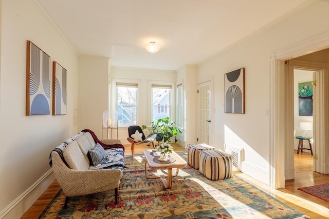 living area featuring light hardwood / wood-style floors and ornamental molding