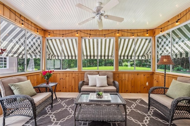 20 Hillery Rd, Leominster, MA 01453 - sunroom / solarium featuring a ceiling fan, wood walls, outdoor lounge area, and wooden ceiling