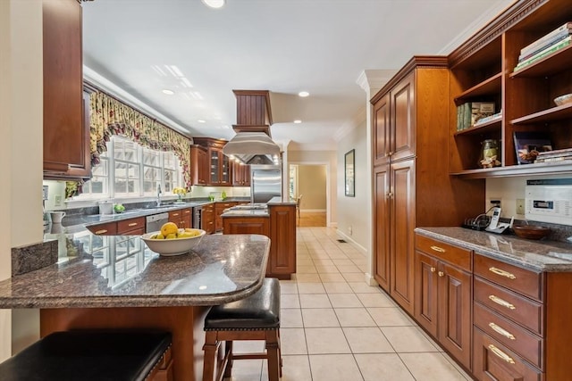 20 Hillery Rd, Leominster, MA 01453 - kitchen featuring crown molding, appliances with stainless steel finishes, a peninsula, light tile patterned floors, and open shelves