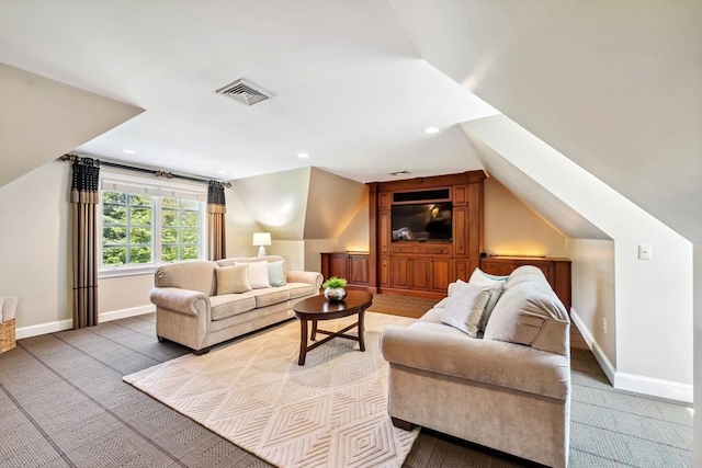 20 Hillery Rd, Leominster, MA 01453 - carpeted living room with lofted ceiling, baseboards, and recessed lighting