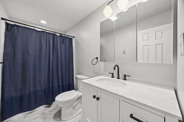 bathroom with marble finish floor, toilet, vanity, and a shower with curtain