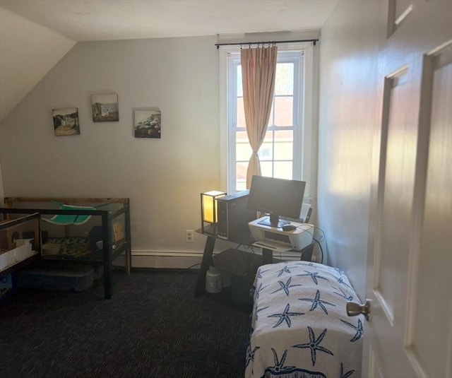 carpeted bedroom featuring vaulted ceiling