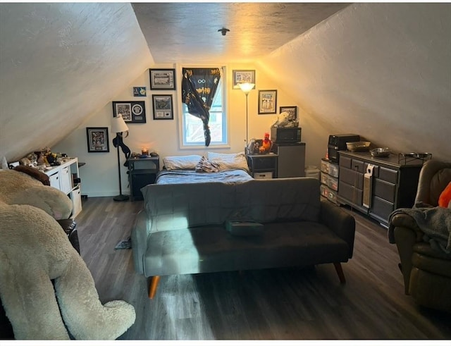 bedroom with lofted ceiling and dark wood-type flooring