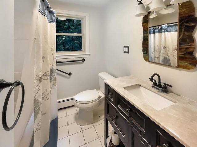 bathroom with toilet, a shower with curtain, tile patterned floors, vanity, and a baseboard heating unit