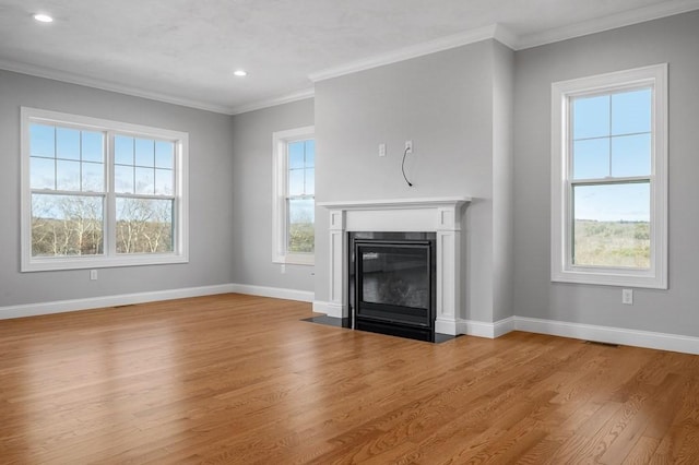 33 Crestwood Cir Unit 45, Northbridge, MA 01588 - unfurnished living room featuring wood finished floors, a fireplace with flush hearth, crown molding, and recessed lighting