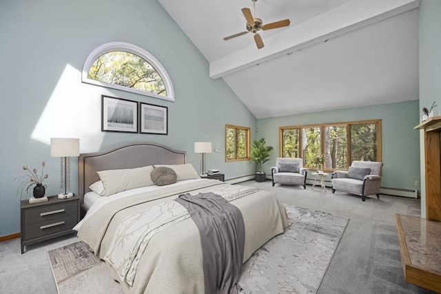 bedroom featuring ceiling fan, beamed ceiling, high vaulted ceiling, and light colored carpet