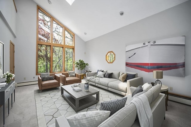 carpeted living room with a baseboard radiator and high vaulted ceiling