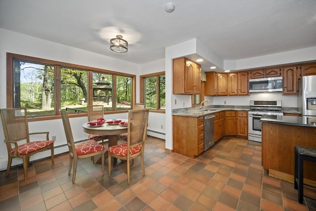 kitchen with a healthy amount of sunlight, dark tile patterned floors, appliances with stainless steel finishes, and a baseboard heating unit