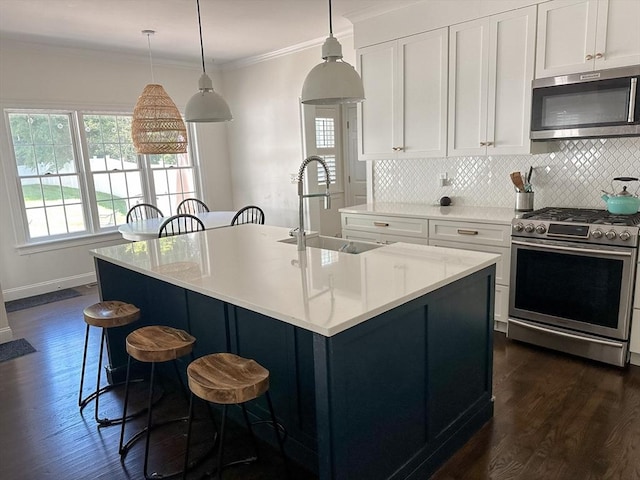 kitchen featuring white cabinetry, tasteful backsplash, a sink, stainless steel appliances, and dark wood-type flooring