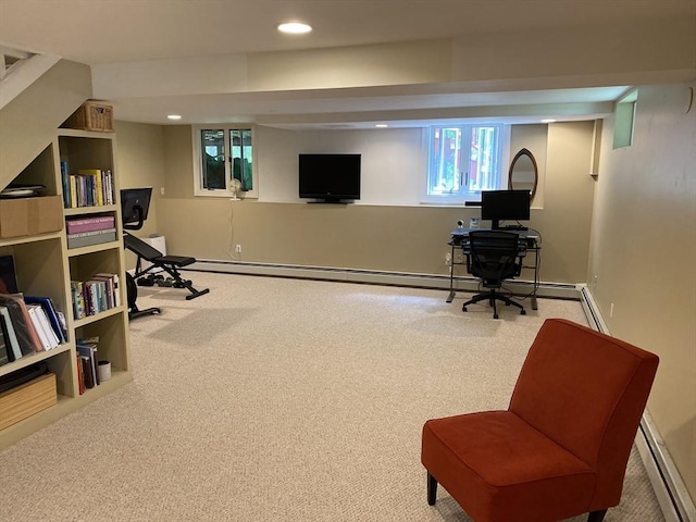 8 Tall Tree Way, Georgetown, MA 01833 - living area featuring carpet floors, recessed lighting, a baseboard heating unit, and an office area