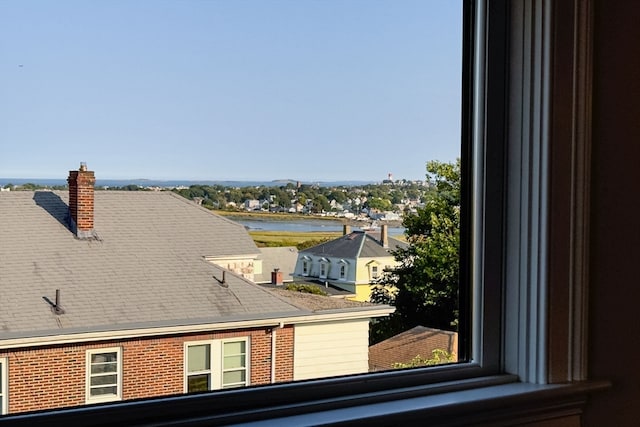 interior details with a water view