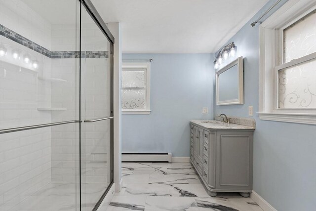 30 Millham St, Marlborough, MA 01752 - full bathroom with a baseboard radiator, a stall shower, and baseboards