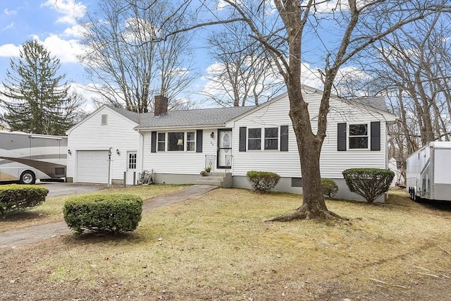 30 Millham St, Marlborough, MA 01752 - view of front facade with driveway, a garage, a chimney, a front yard, and a shingled roof