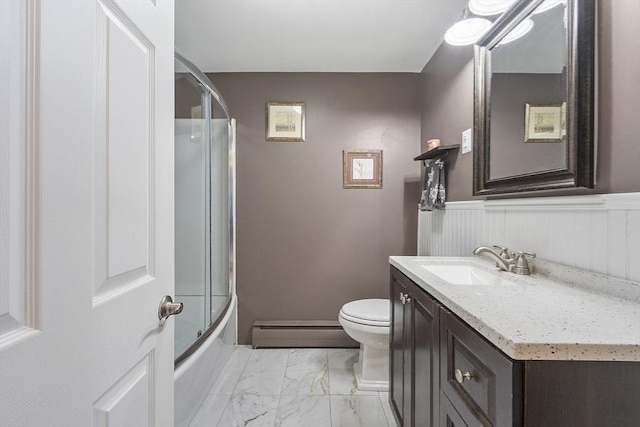 30 Millham St, Marlborough, MA 01752 - full bath featuring marble look tiles, a baseboard heating unit, toilet, vanity, and a wainscoted wall
