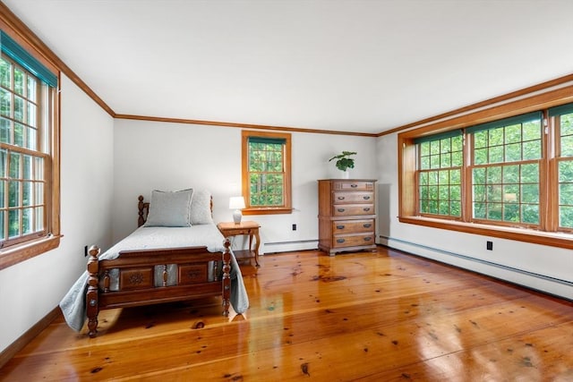 75 Haynes Rd, Sudbury, MA 01776 - bedroom featuring crown molding, multiple windows, a baseboard radiator, and wood finished floors