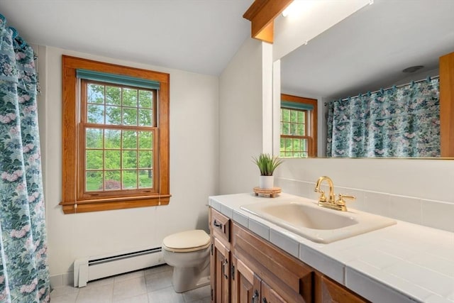 75 Haynes Rd, Sudbury, MA 01776 - full bath with a baseboard radiator, vanity, toilet, tile patterned floors, and curtained shower