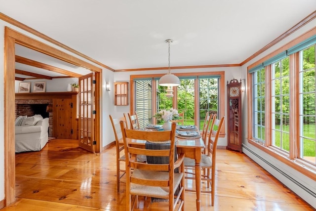 75 Haynes Rd, Sudbury, MA 01776 - dining space with a baseboard heating unit, healthy amount of natural light, crown molding, light wood-type flooring, and baseboards