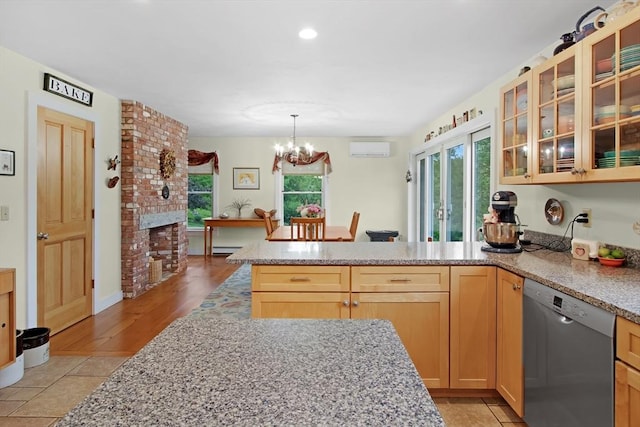 144 Worcester Rd, New Braintree, MA 01531 - kitchen featuring dishwasher, a peninsula, glass insert cabinets, a chandelier, and a wall mounted AC