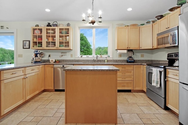 144 Worcester Rd, New Braintree, MA 01531 - kitchen featuring stainless steel appliances, light brown cabinets, a sink, glass insert cabinets, and recessed lighting