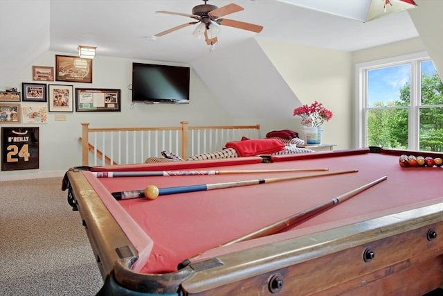 144 Worcester Rd, New Braintree, MA 01531 - playroom with vaulted ceiling, billiards table, a ceiling fan, carpet, and baseboards