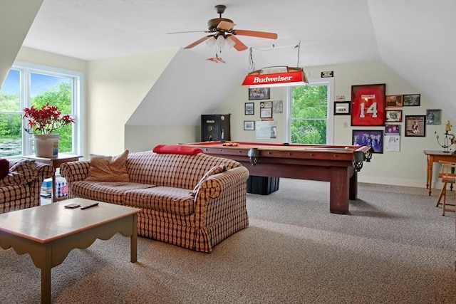 144 Worcester Rd, New Braintree, MA 01531 - playroom featuring healthy amount of natural light, carpet, vaulted ceiling, ceiling fan, and billiards table