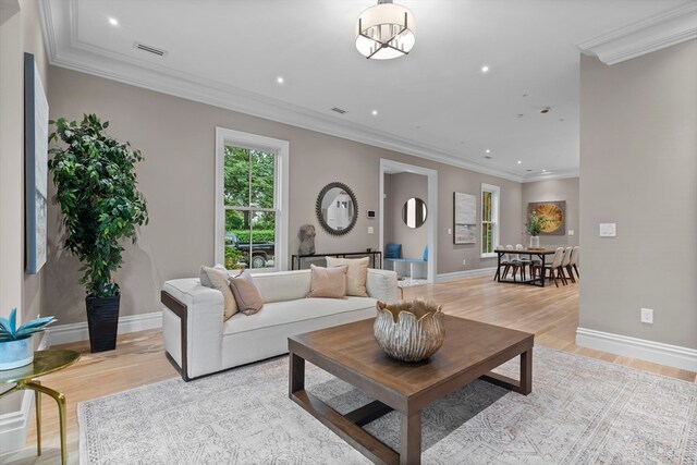 living room with light hardwood / wood-style flooring and crown molding