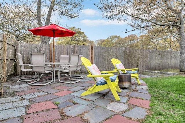 view of patio with a fenced backyard and outdoor dining area