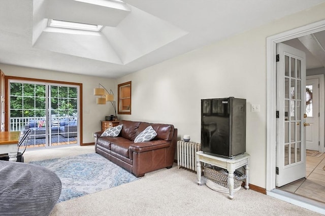 2 Putnam Ln, Auburn, MA 01501 - living area featuring a skylight, light carpet, radiator heating unit, and a tray ceiling