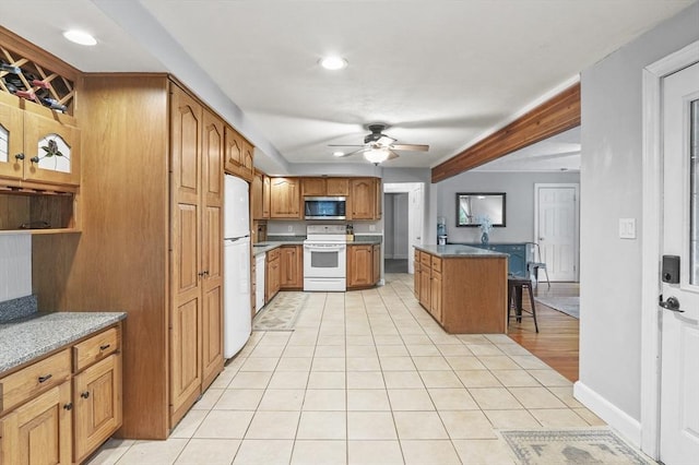 2 Putnam Ln, Auburn, MA 01501 - kitchen featuring white appliances, a ceiling fan, brown cabinets, light tile patterned flooring, and recessed lighting