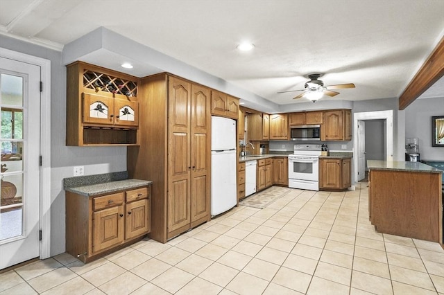 2 Putnam Ln, Auburn, MA 01501 - kitchen with white appliances, brown cabinets, a ceiling fan, light tile patterned floors, and recessed lighting