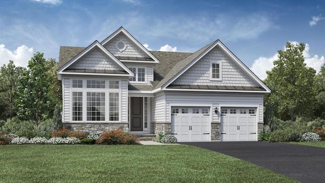 11 Juniper Ln Unit 14, Tyngsborough, MA 01879 - craftsman-style home with stone siding, a standing seam roof, asphalt driveway, a front lawn, and metal roof