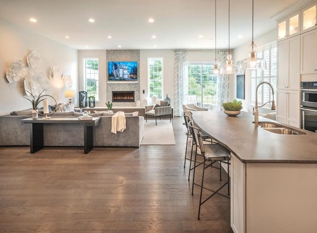 11 Juniper Ln Unit 14, Tyngsborough, MA 01879 - kitchen featuring open floor plan, a sink, a large fireplace, dark wood finished floors, and recessed lighting