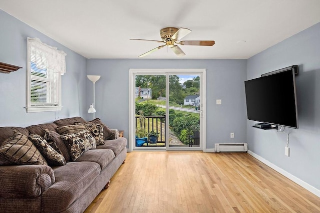 3 Manomet Rd, Woburn, MA 01801 - living room featuring baseboard heating, healthy amount of natural light, a ceiling fan, and wood finished floors