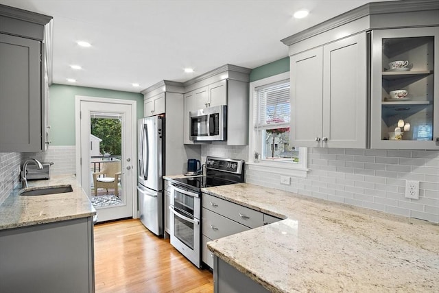 3 Manomet Rd, Woburn, MA 01801 - kitchen with appliances with stainless steel finishes, a sink, gray cabinets, tasteful backsplash, and recessed lighting