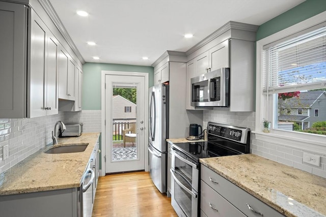 3 Manomet Rd, Woburn, MA 01801 - kitchen featuring appliances with stainless steel finishes, a sink, gray cabinetry, backsplash, and recessed lighting