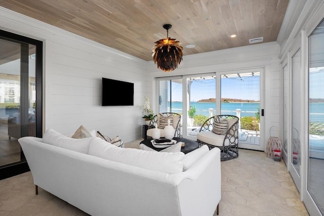 living room featuring wood ceiling and wood walls